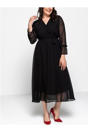 Siyah Uzun Kruvaze Yaka Şifon Büyük Beden Elbise ELBISEDELISI-1001