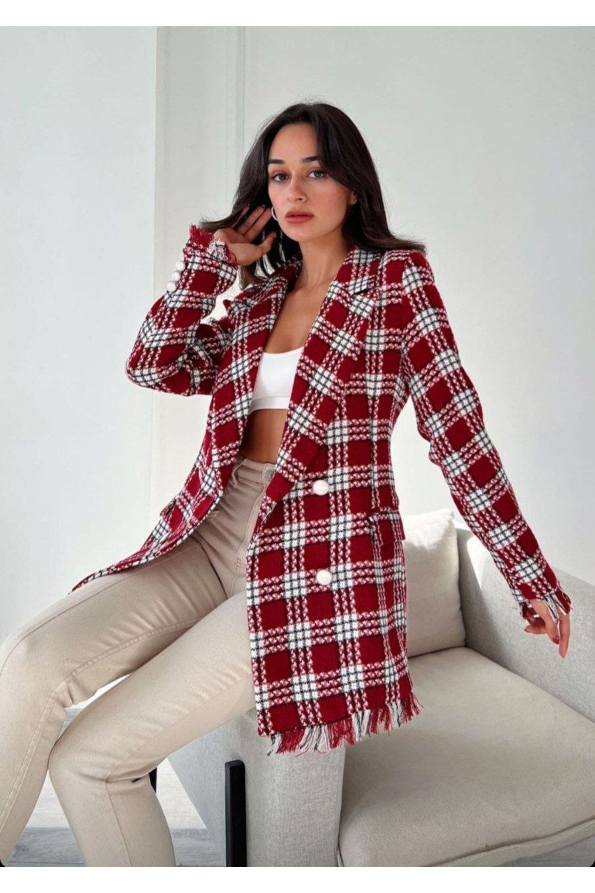 Womens red cheap tweed blazer