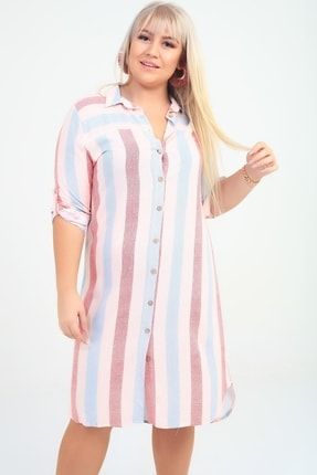 Kadın Pudra Renkli Çizgili Viskon Büyük Beden Gömlek Elbise S-20Y3570007