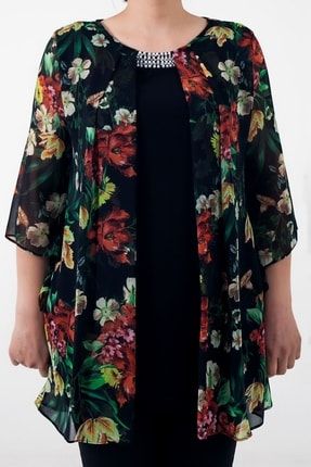 Kadın Siyah Çiçek Desen Yaka Boncuklu Krep Şifon Likra Büyük Beden Bluz S-19Y1040022-Siyah