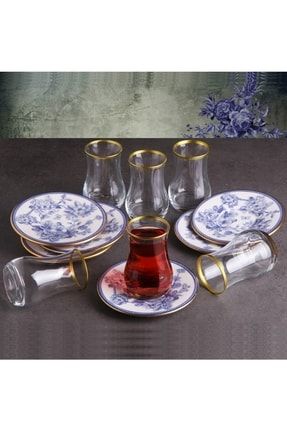 6 Kişilik Seramik Tabaklı Çay Bardağı Seti - Mavi PNK7250YK