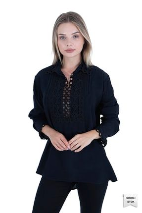 Kadın Yaka Detaylı Uzun Kol Siyah Bluz BKT-231003