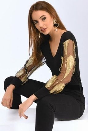 Kadın Siyah Gold Işlemeli Tül Kol Detay Bluz BKT-203005
