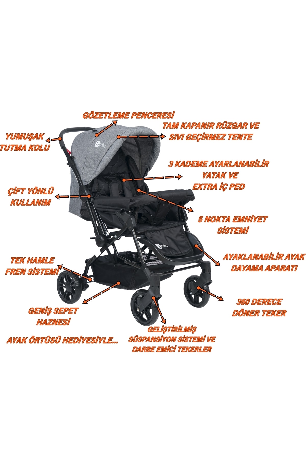 USF Çift Yönlü Bebek Arabası 4 Baby - Bebek Arabası Gri + Bebek Bakım Çantası NE10141