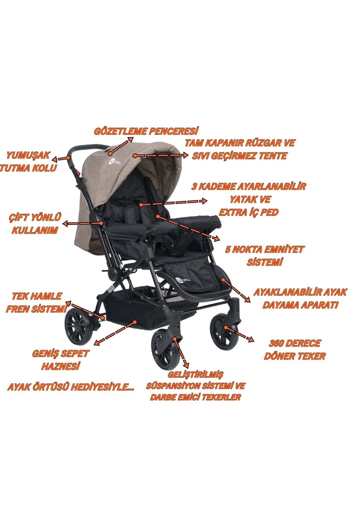 USF Travel Sistem Çift Yönlü Bebek Arabası 4 Baby - Bebek Arabası Kahve+puset+gs Çanta NE11456