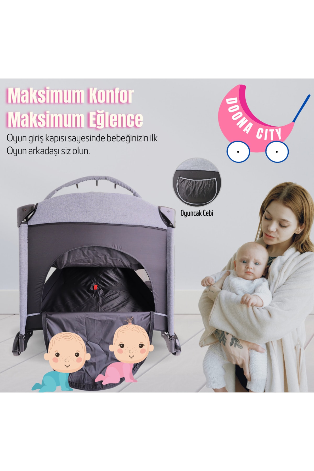 Doona City Anne Yanı Park Yatak Oyun Parkı Beşik 70x110 Cm + Yatak fotoğrafı 7 (önizleme)