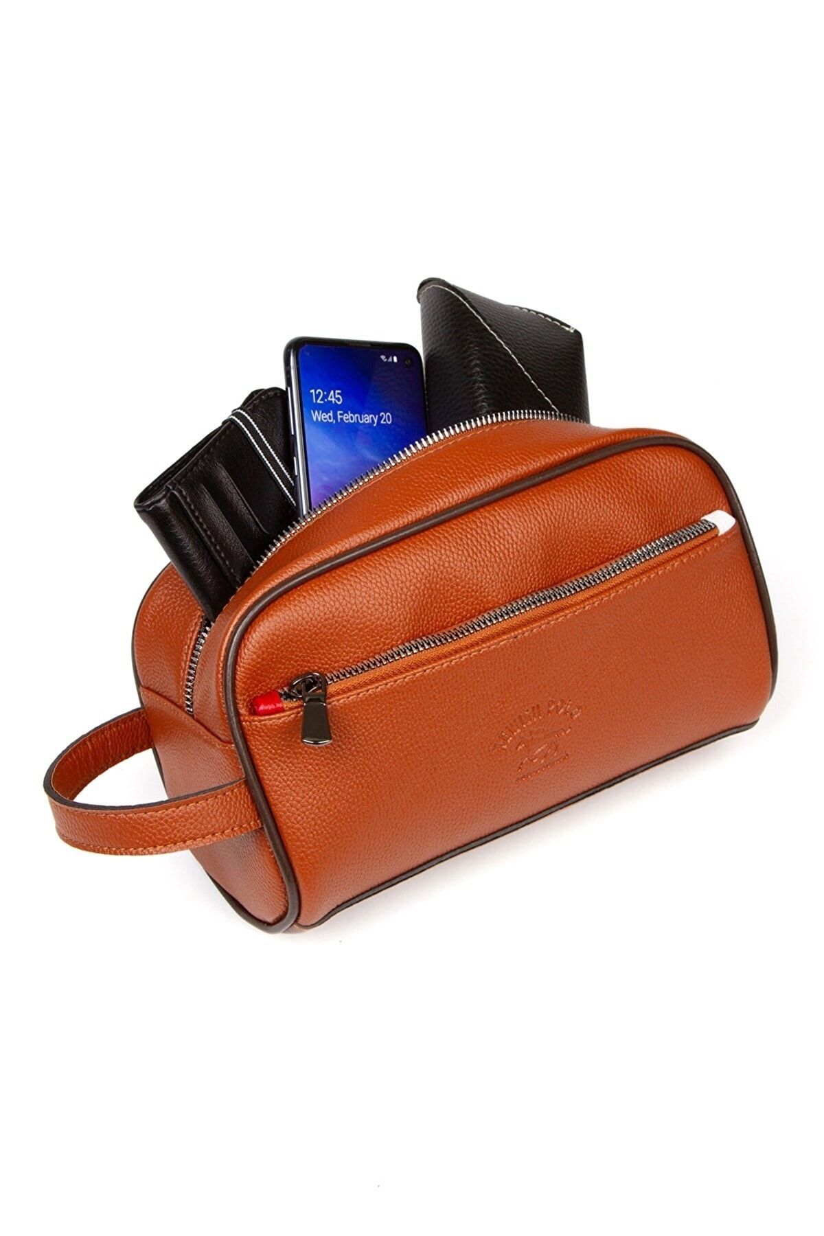 NEWISH POLO ACCESSORIES Men s Tan Leather Cosmetic Portfolio Bag Stylish Shaving Travel Bag Daily Care Bag Handbag