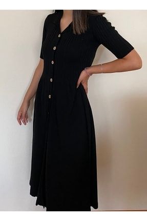 Kadın Triko V Yaka Düğmeli Uzun Mevsimlik Siyah Elbise TYC00434814009