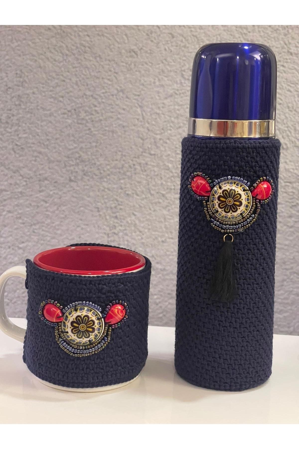 Gönülden Tasarım-Special Design Knitted Purple Thermos Mug Case Office Table Kitchen Elegance 1
