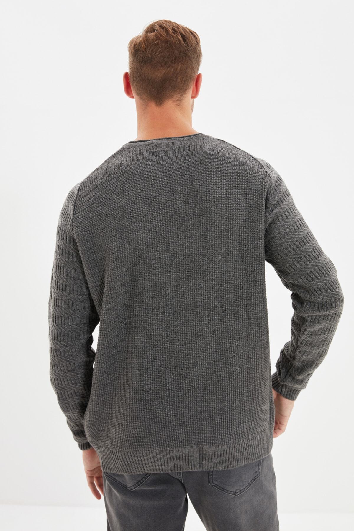 Trendyol Collection-Gray Patterned Slim Fit Knitwear Sweater - Crew Neck, Sleeve Texture, Tmnaw22Kz0380 5