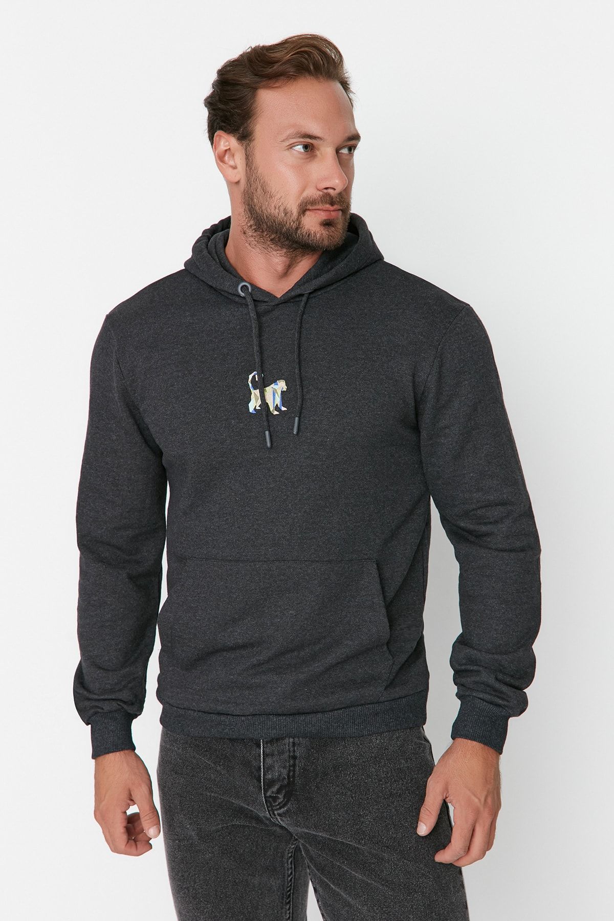 Trendyol Collection Anthrazitfarbenes Sweatshirt Mit Kapuze Und Fleece-stickerei – Regular Fit für Herren - L