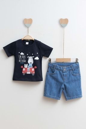 Çocuk Kot Şort T-shirt Erkek Alt Üst Takım Car Rides - Lacivert KR-MK-1311-002