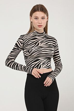 Siyah Bej Zebra Dik Yaka Uzun Kollu Crop Bluz LE2022
