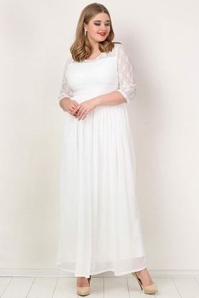 Kadın Beyaz Şifon Likralı Uzun Abiye Elbise KL4009K T100547