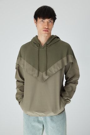 Haki Erkek Oversize Uzun Kollu Kapüşonlu Sweatshirt TMNAW22SW1071