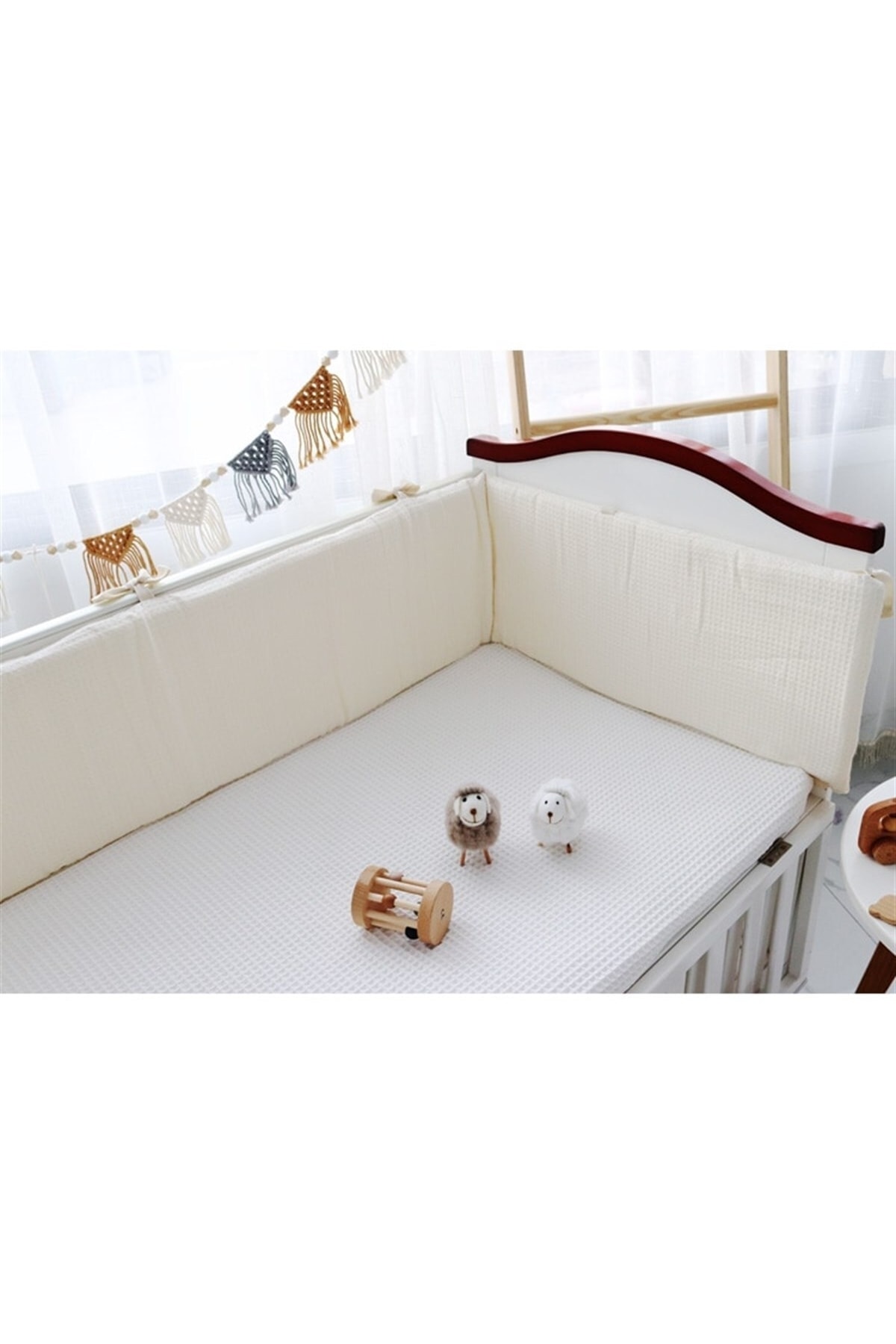 Krem 90x190 Waffle Pike Kumaş Beşik/ Montessori Kenar Koruma / Beşik Bariyer Koruyucu 5