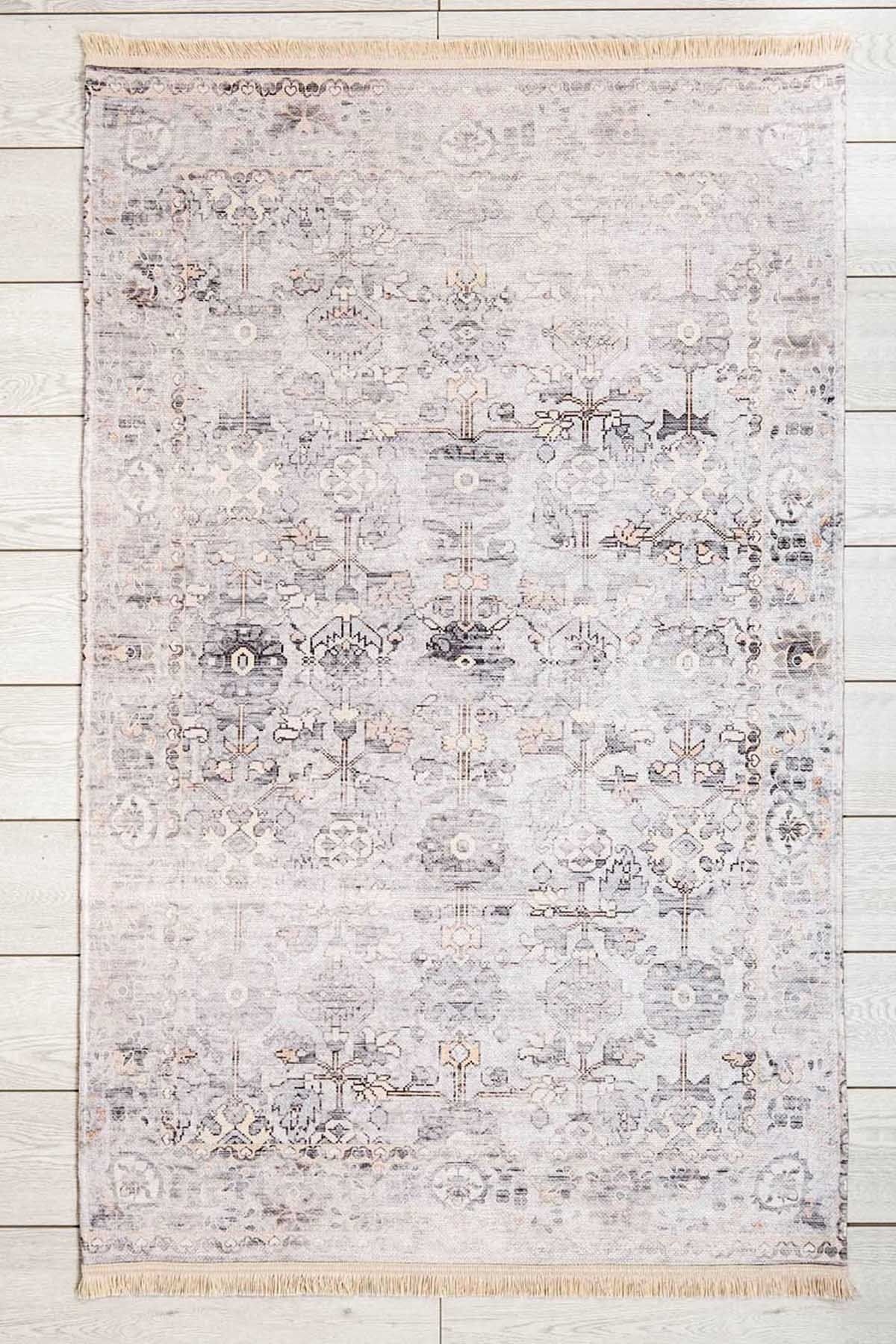 Oriente Home Bohem Desenli Dokuma Halı Gri Yıkanabilir Saçaklı Kaymaz Taban Şönil Makina Halısı 7452