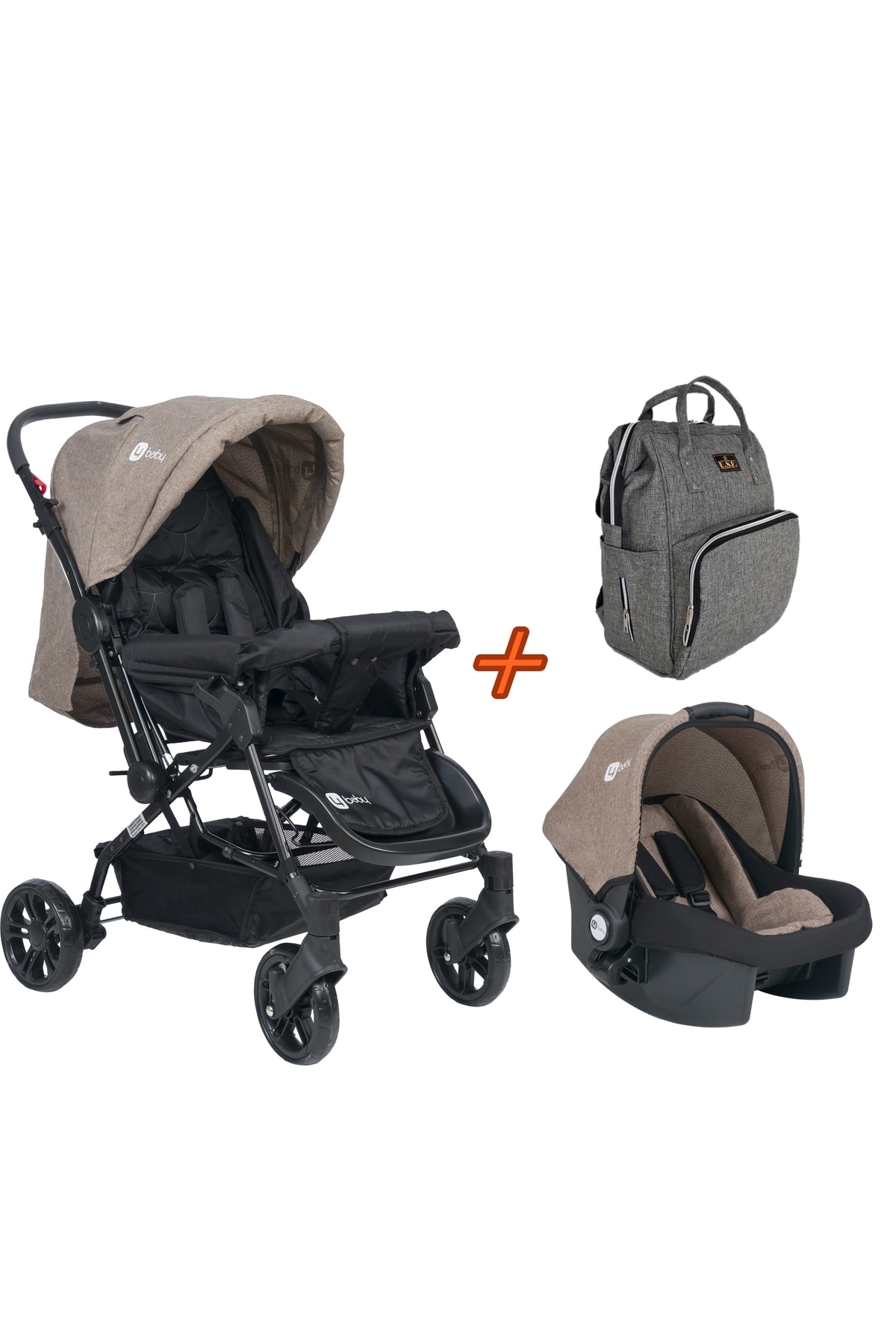 USF Travel Sistem Çift Yönlü Bebek Arabası 4 Baby - Bebek Arabası Kahve+puset+gri Çanta NE11562