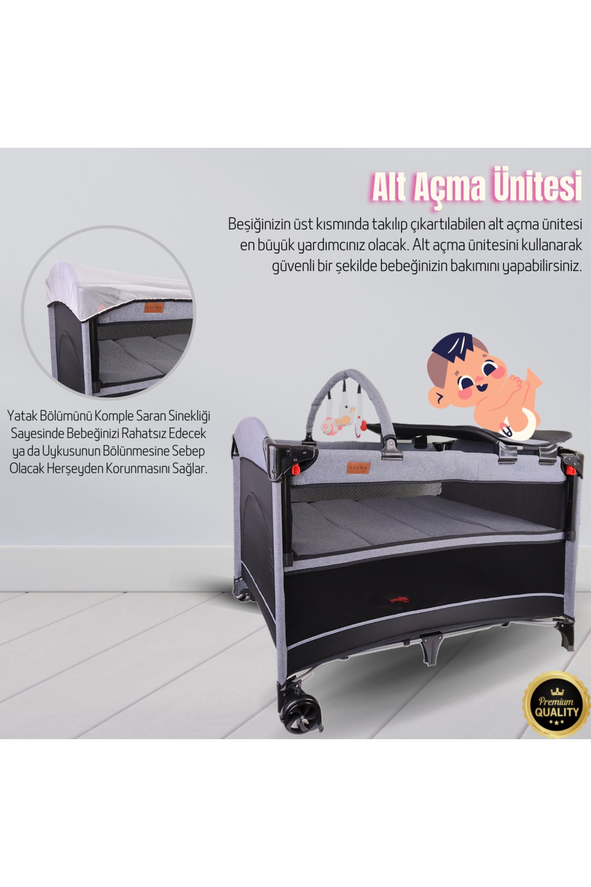 Doona City Anne Yanı Park Yatak Oyun Parkı Beşik 70x110 Cm + Yatak fotoğrafı 4 (önizleme)