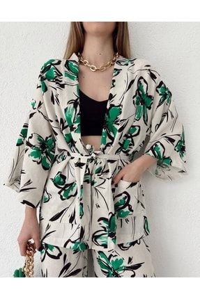Desenli Keten Kimono Ceket Oversize P422S6276