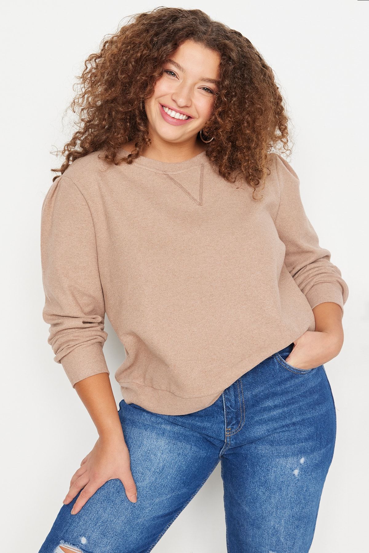 Trendyol Curve Taş Bisiklet Yaka Selanik İnce Örme Sweatshirt TBBAW23AO00069