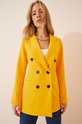 Kadın Koyu Sarı Düğmeli Oversize Kruvaze Ceket BP00115
