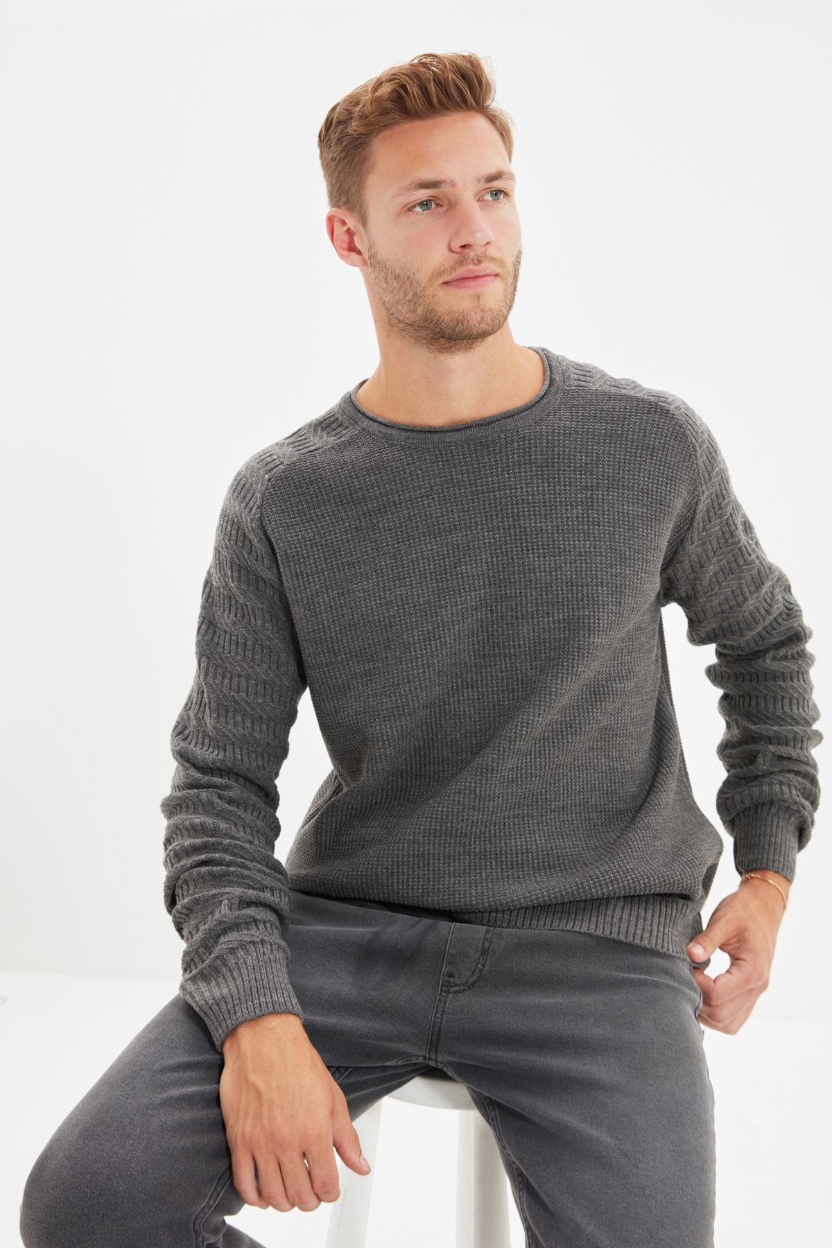 Trendyol Collection-Gray Patterned Slim Fit Knitwear Sweater - Crew Neck, Sleeve Texture, Tmnaw22Kz0380 4