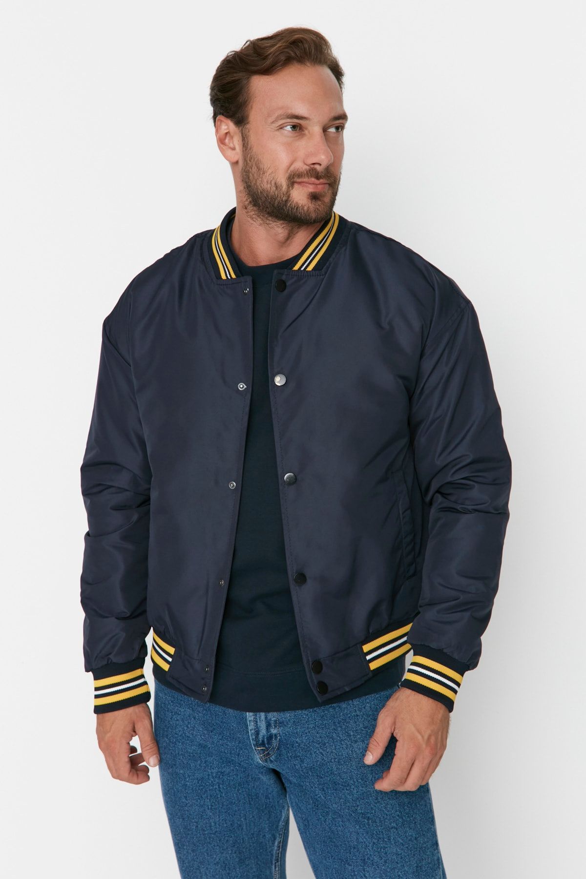 Dark blue sales bomber jacket mens