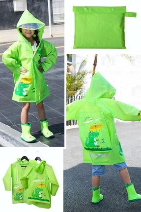 Hayvan Figürlü Kapüşonlu Çocuk Yağmurluk Çantalı Yeşil L ARS-CCKYGMR-YESIL