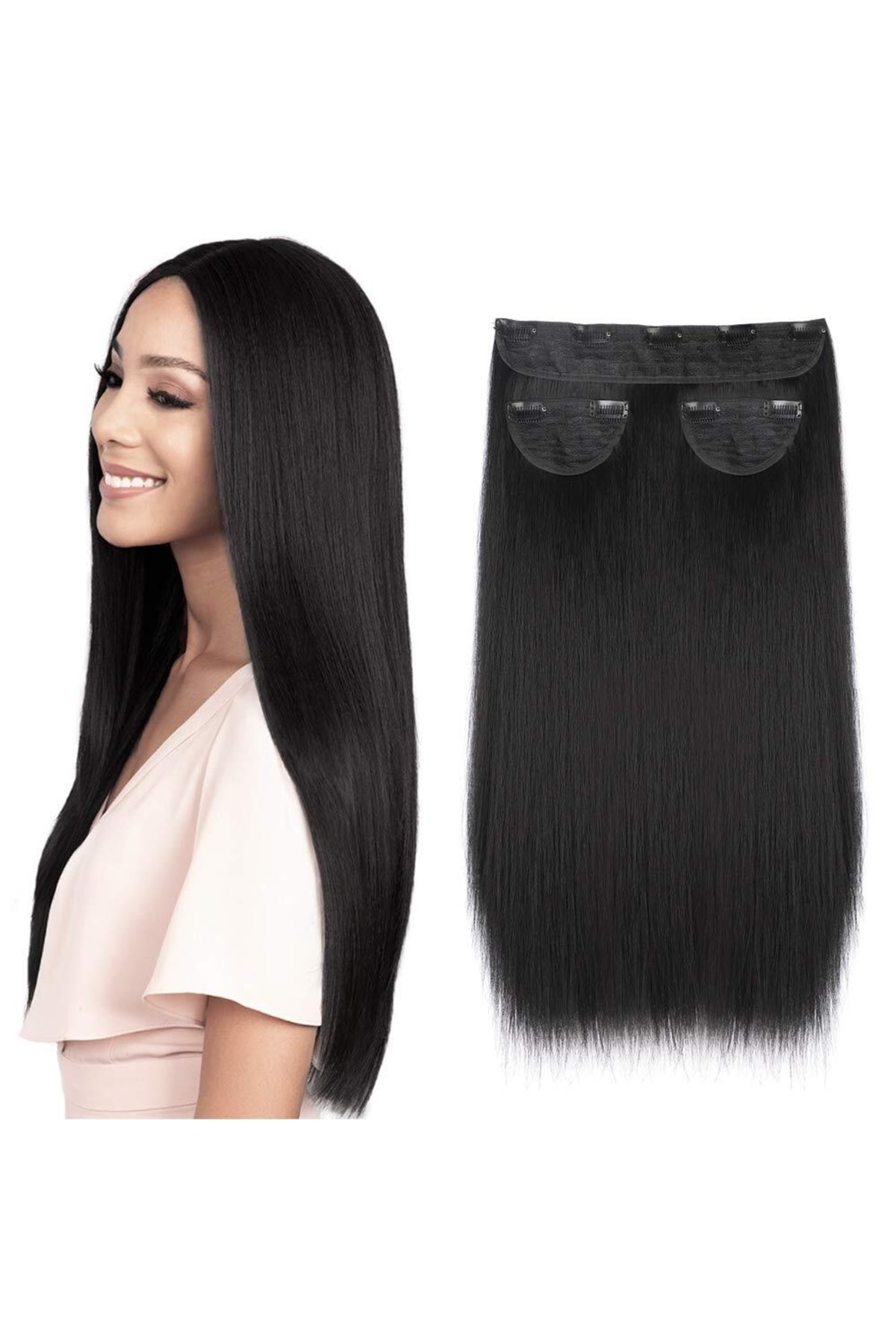 REMY HAİR Siyah Düz Uzun Yarım Ay Saç – 3 Parça Çıt Çıt 80cm. 270 Gr. Vıp Serı