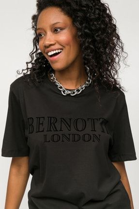 Sıfır Yaka T-shirt Siyah London Baskılı Kadın Bernotti-00006