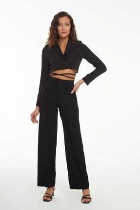 Kadın Siyah Renk Krep Kumaş Wide Leg Fit Rahat Kesim Pantolon ITSBASIC 2318