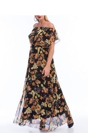 Kadın Çiçek Desenli Şifon Uzun Elbise KL7881d T105345