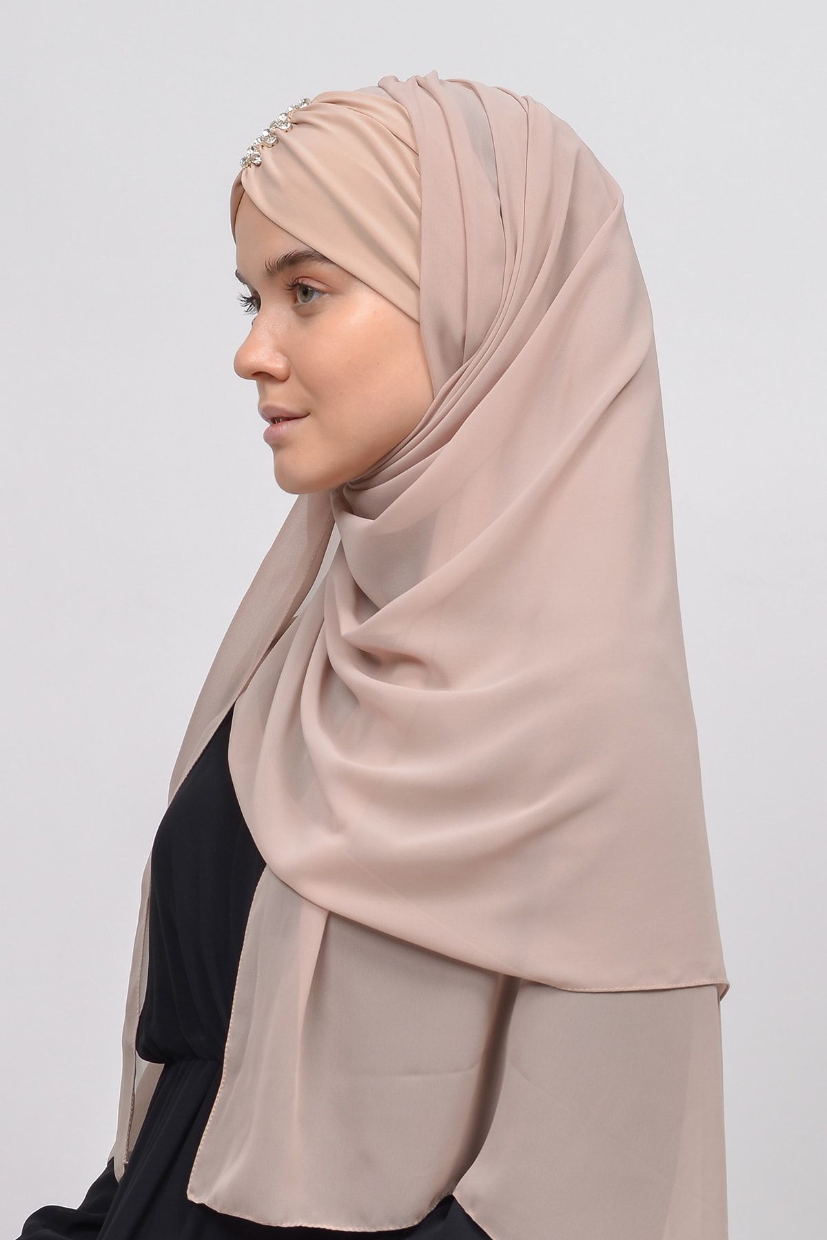 Altobeh-Elegant Jewelled Draped Ready Practical Chiffon Hijab Shawl - Light Latte 3