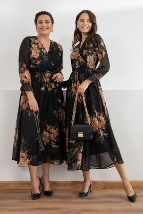 Siyah Sarı Çiçekli Kruvaze Yaka Uzun Şifon Elbise ELBISEDELISI-0001
