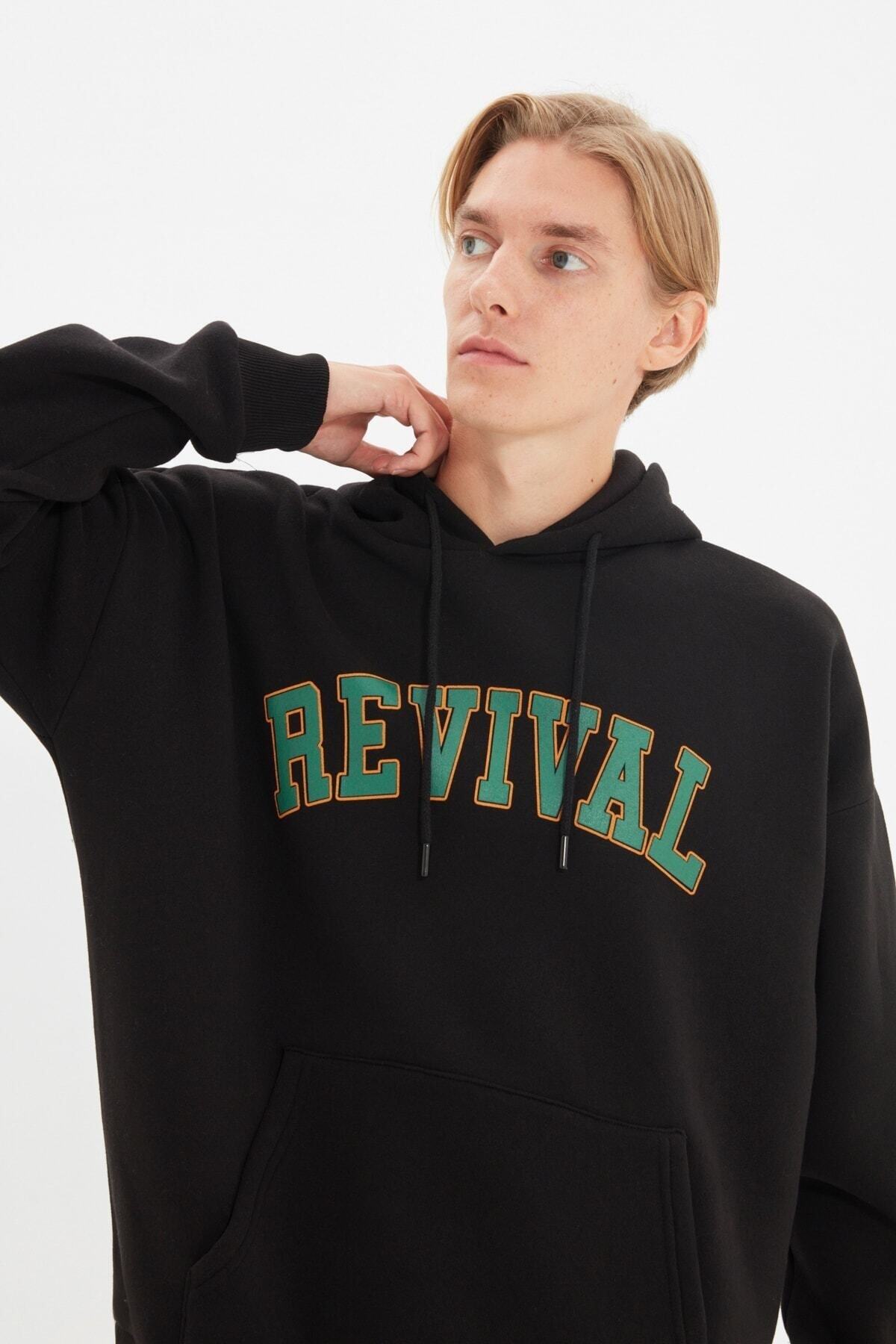  Trendyolmilla Man Siyah Oversize/Geni? Kesim Kapü?onlu ?çi Polar/S?cak Tutan Unisex Sweatshirt