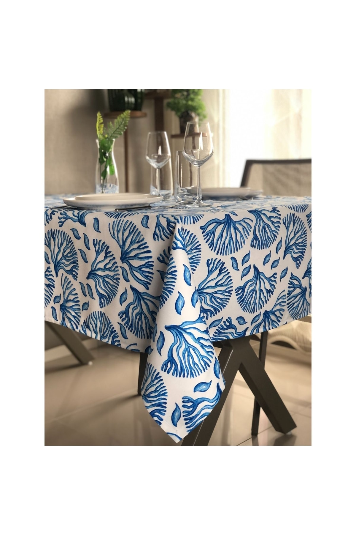 Custom Stitched Digital Printed-blue Coral Tablecloth 130x230 Cm