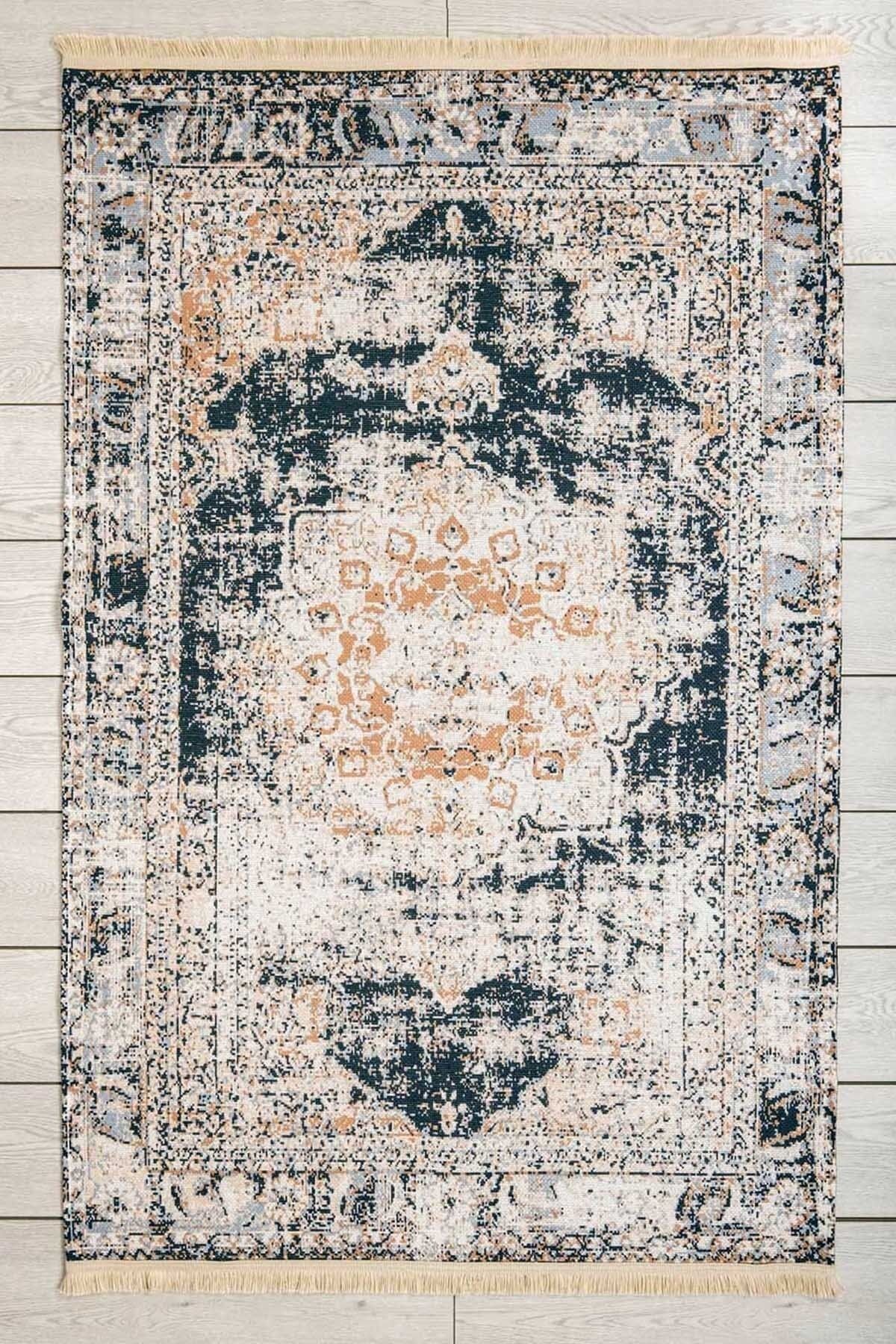 Oriente Home Avangarde Siyah Yıkanabilir Şönil Makina Halısı Saçaklı Kaymaz Taban Salon Halısı 7426