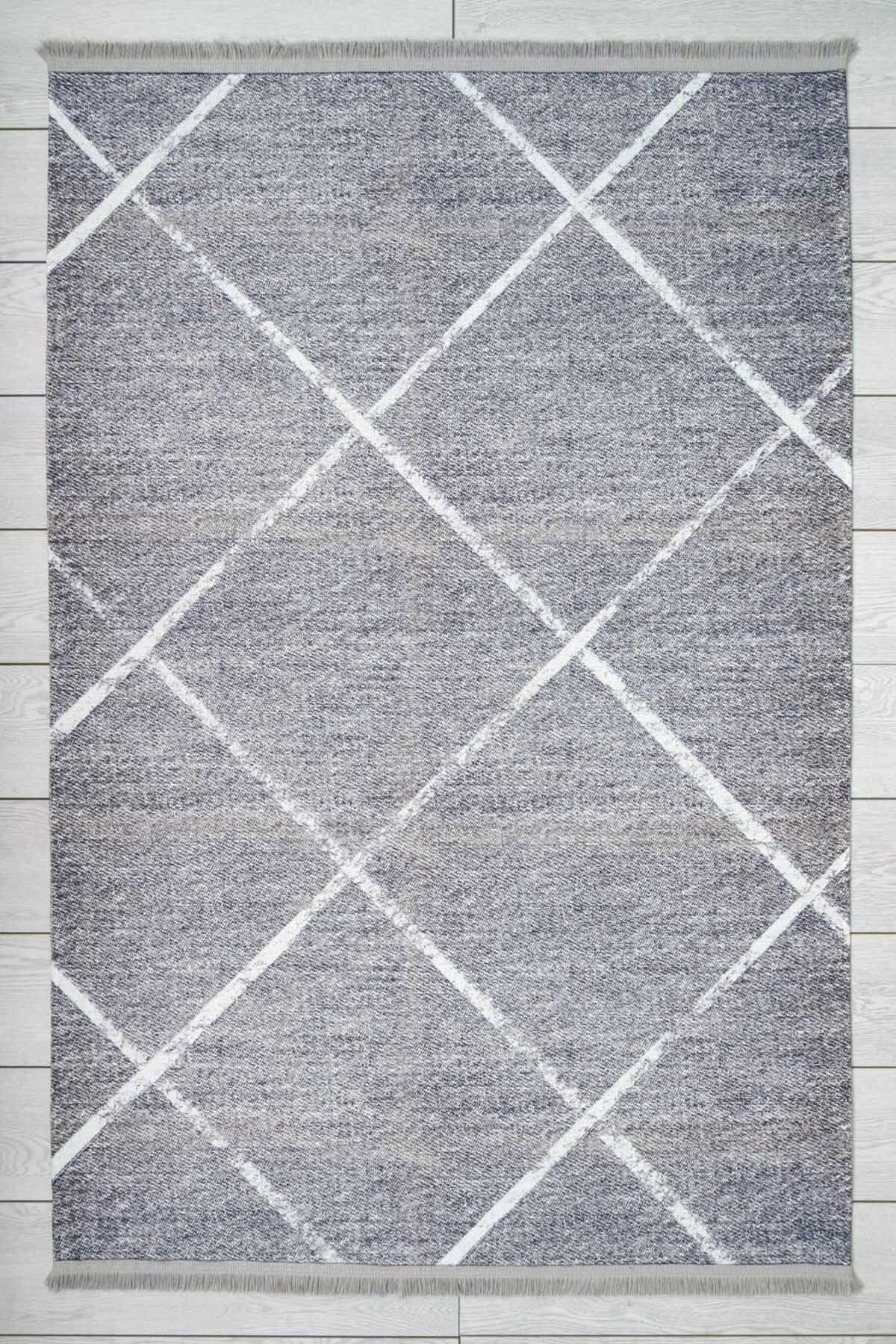 Oriente Home Iskandinav Desenli Gri Şönil Makina Halısı Yıkanabilir Saçaklı Kaymaz Taban Halı 7768