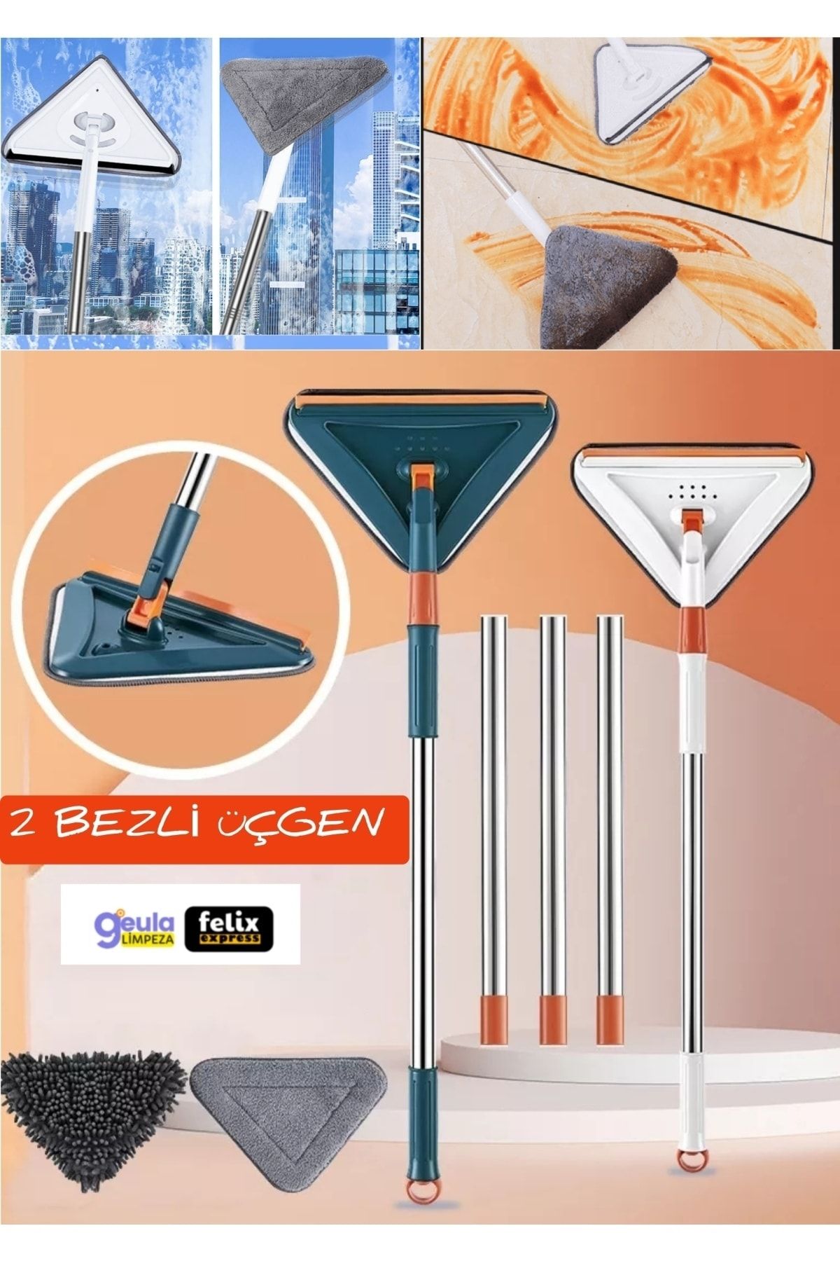 geula LİMPEZA 360ü Derece Dönebilen Çok Fonksiyonlu Üçgen Mop Köşe Kenar Temizleyici Glass Cleaning Kit