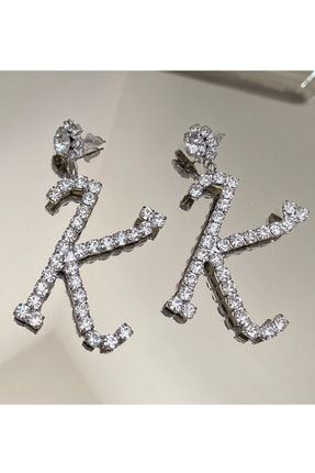 Kadın K Harf Model Zirkon Taşlı Gümüş Pırlanta Abiye Elbise Düğün Nişan Kına Söz Parti Balo Küpesi FR316 K Letter Figure Stone Earrings