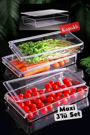 Kapaklı Maxi New Clear Buzdolabı & Dolap İçi Düzenleyici Organizer 3 Adet NDY-EP-627