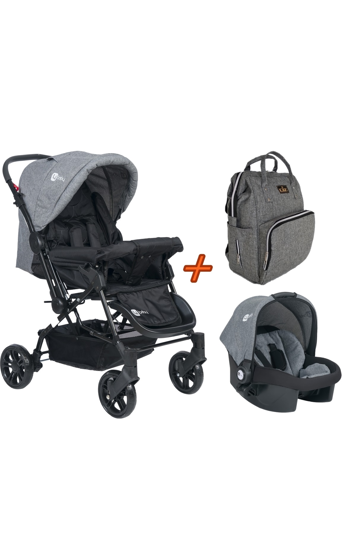 USF Travel Sistem Çift Yönlü Bebek Arabası 4 Baby - Bebek Arabası Gri+puset+gri Çanta NE11357