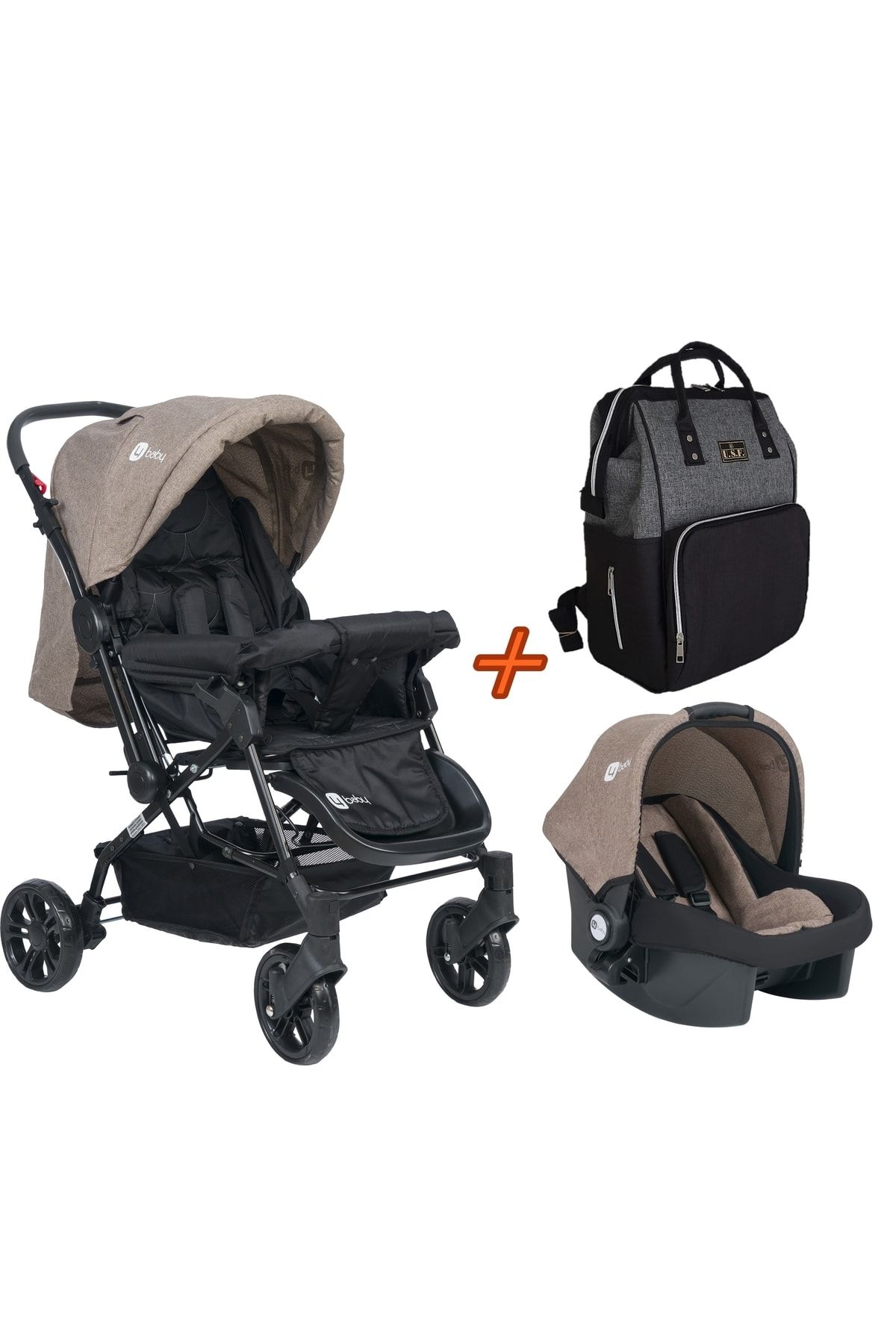USF Travel Sistem Çift Yönlü Bebek Arabası 4 Baby - Bebek Arabası Kahve+puset+gs Çanta NE11456