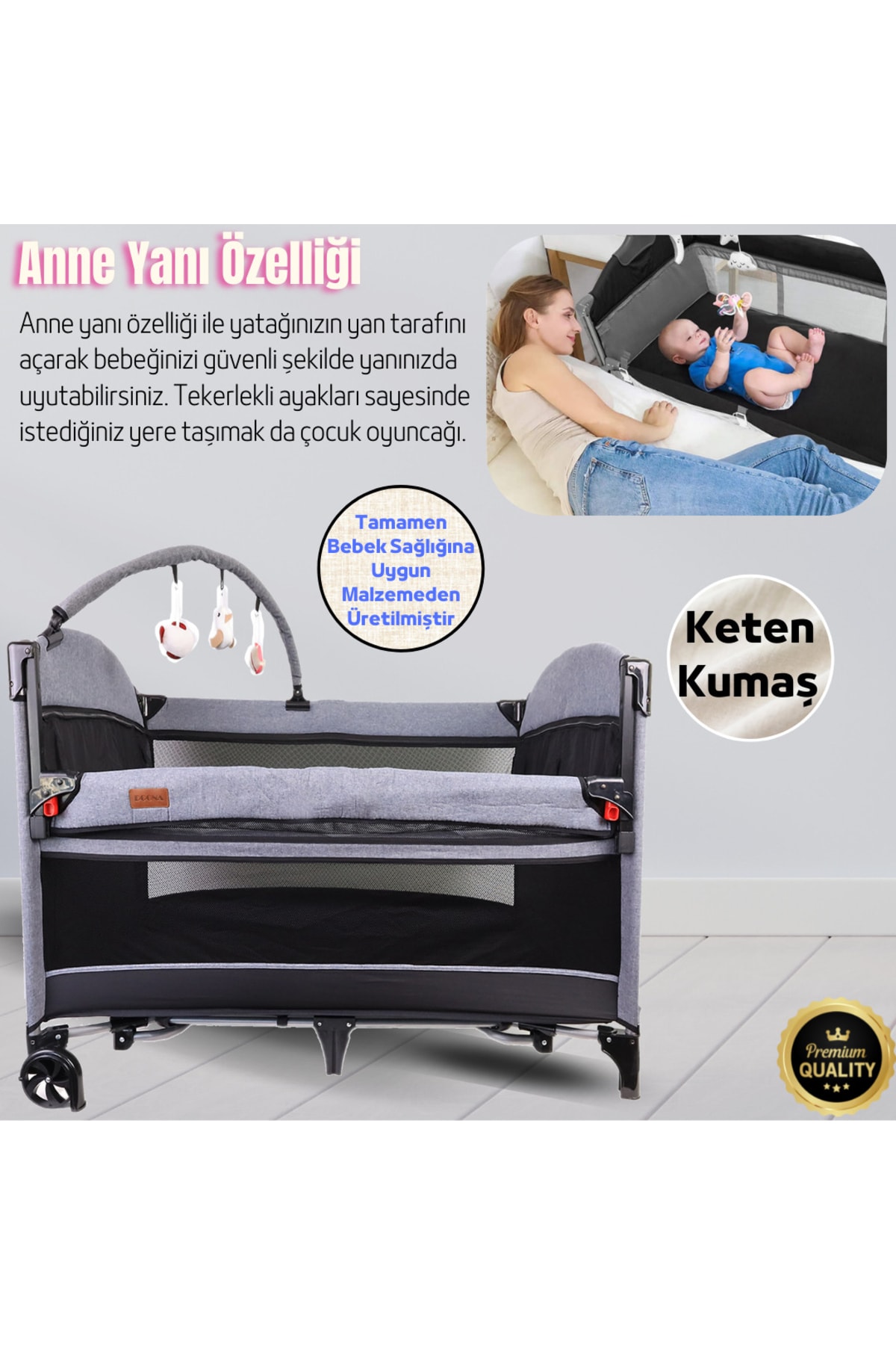 Doona City Anne Yanı Park Yatak Oyun Parkı Beşik 70x110 Cm + Yatak fotoğrafı 3 (önizleme)
