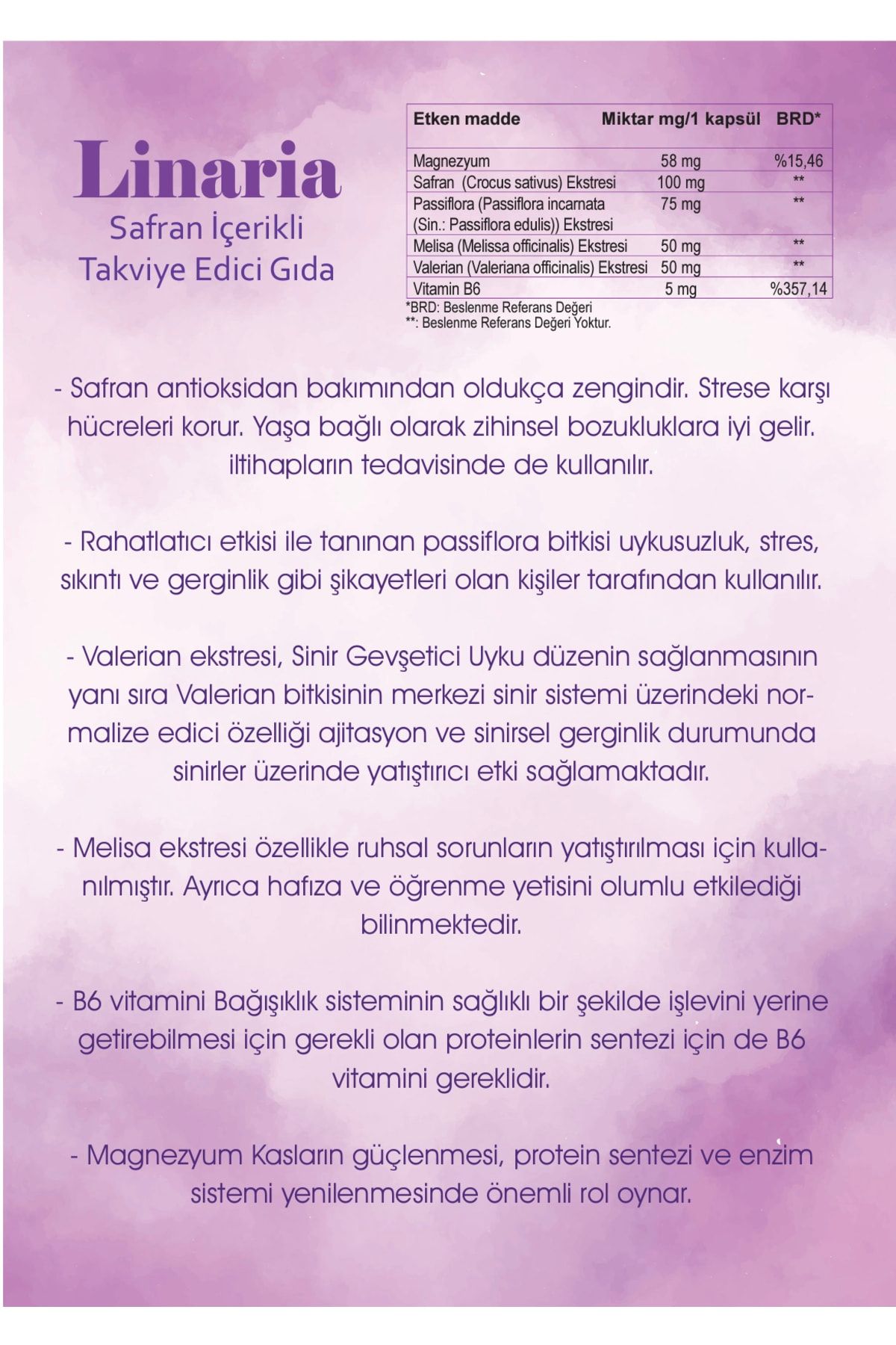 LİNARİA Safran Ve Passiflora Içerikli Gıda Takviyesi (30 Kapsul) ZO8821