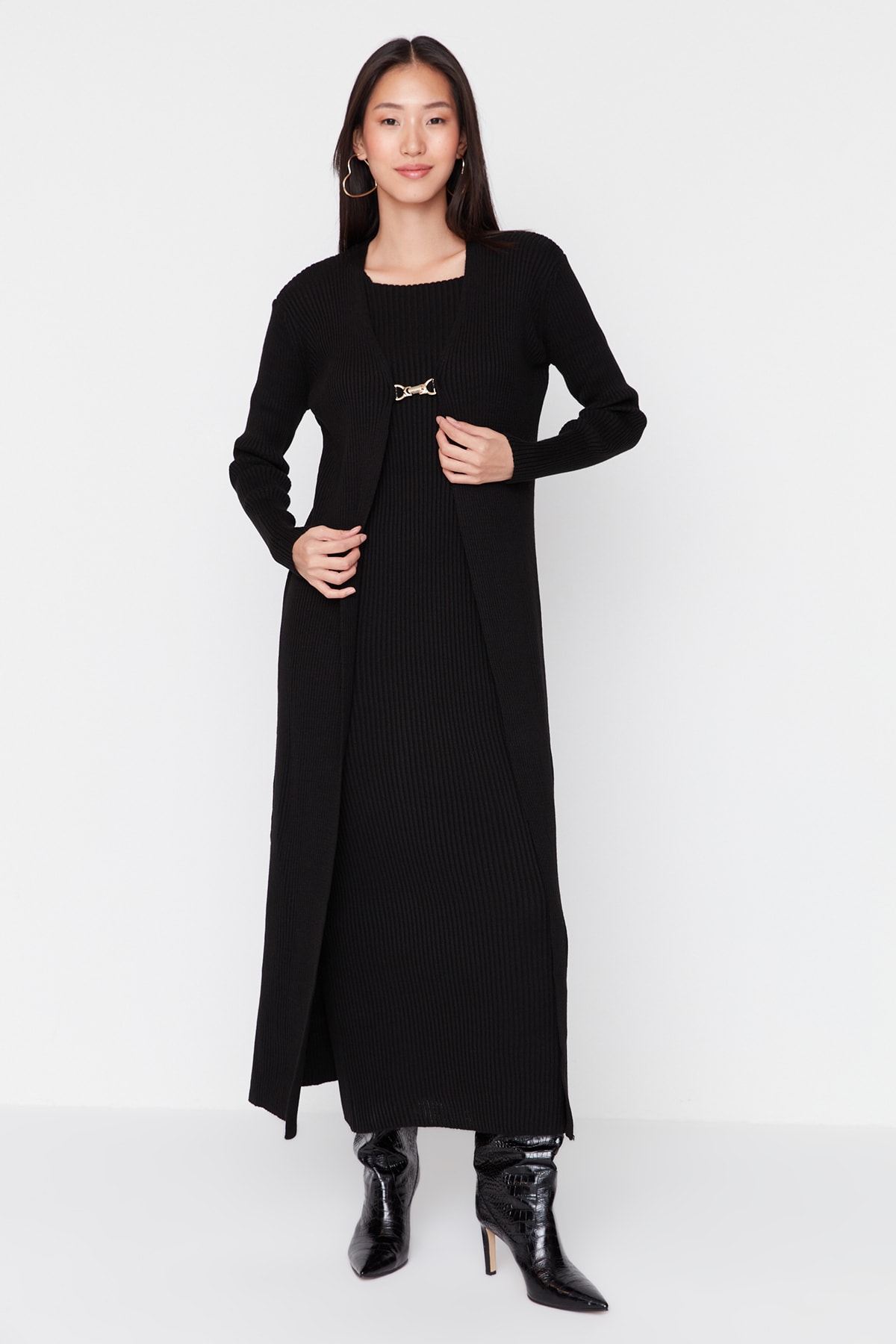 Trendyol Modest Siyah Fitilli Elbise-Hırka Triko Takım TCTAW23US00118