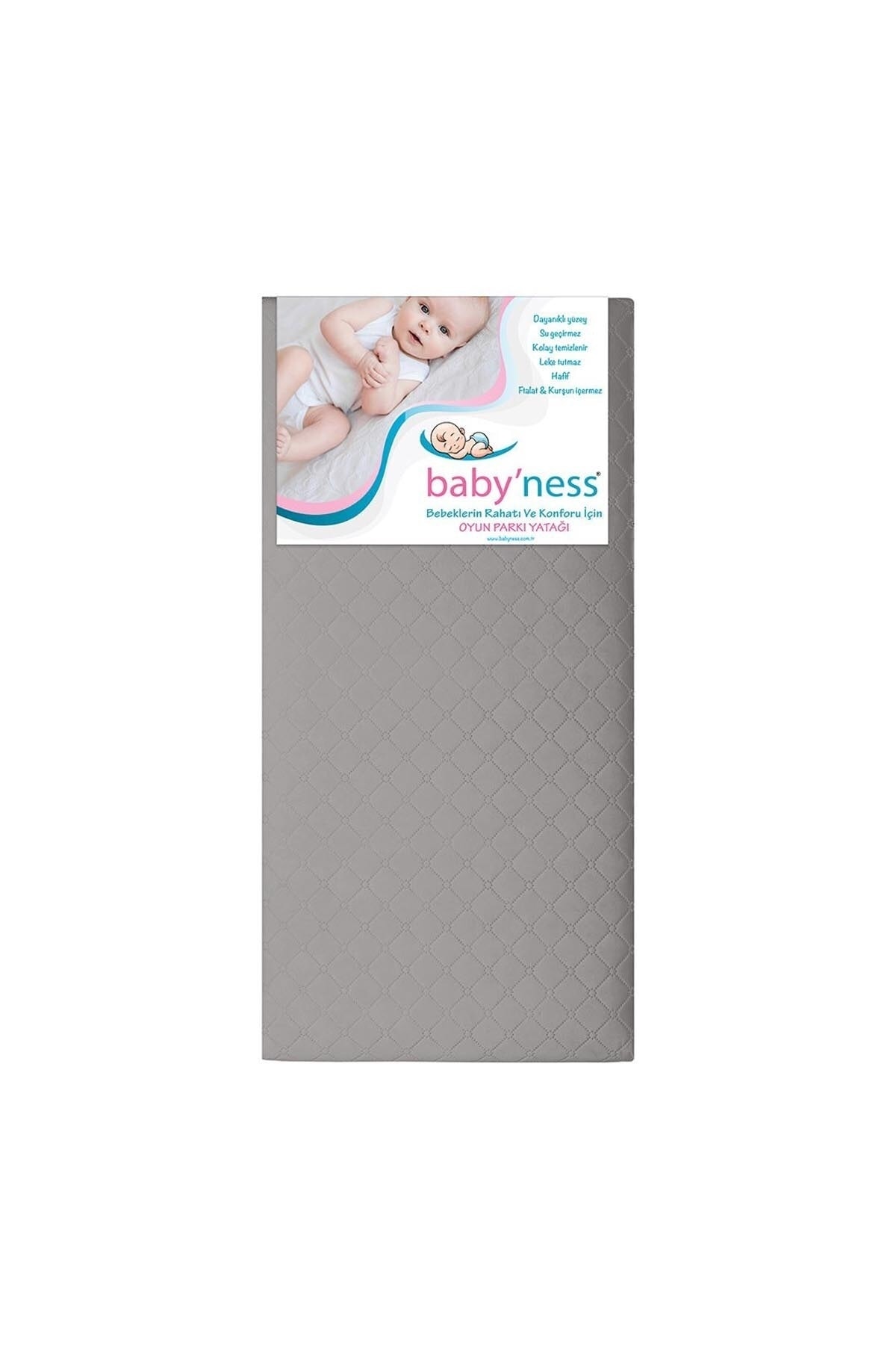 Baby'ness Oyun Parkı Yatağı 60x120 cm Bebek Beşik Döşek Sıvı Geçirmez Leke Tutmaz Gri