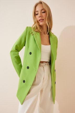 Kadın Fıstık Yeşili Düğmeli Oversize Kruvaze Ceket BP00115