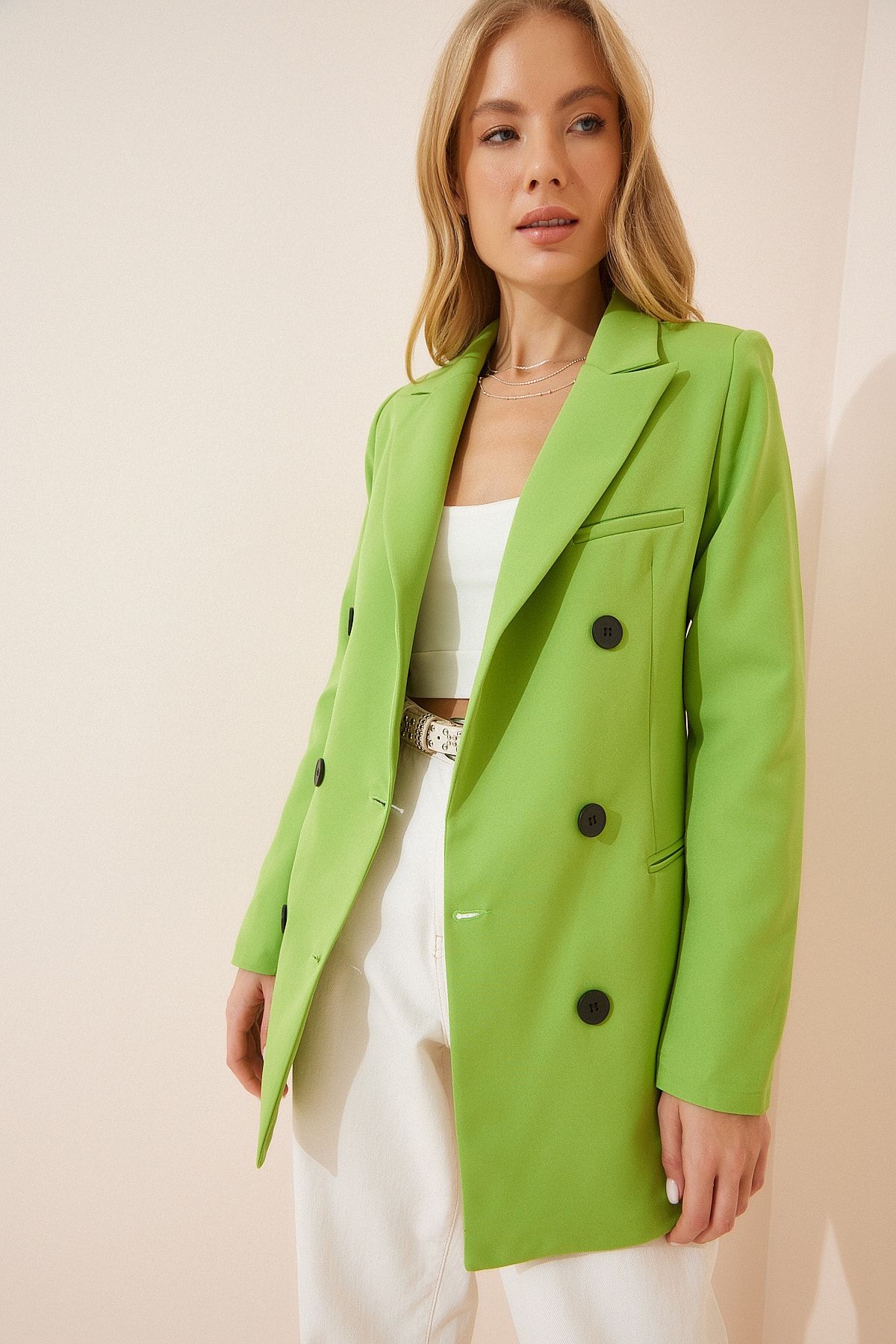 Happiness İstanbul Kadın Fıstık Yeşili Düğmeli Oversize Kruvaze Ceket BP00115 BY10115